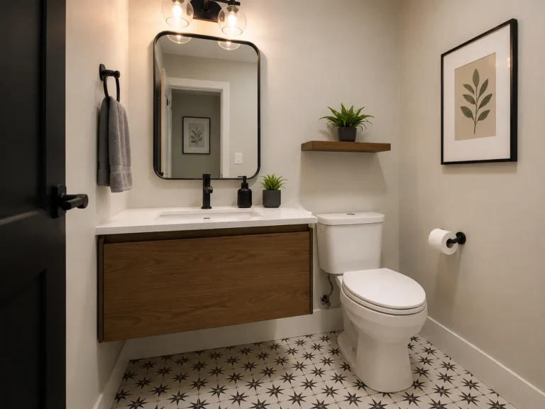 Modern powder room renovation in Toronto with floating vanity and black fixtures