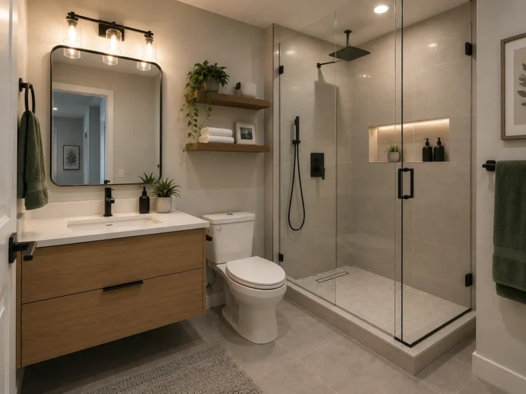 Standard bathroom renovation in Toronto with walk-in shower and modern vanity