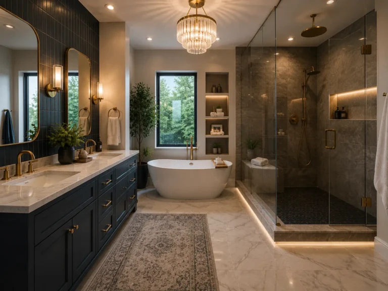 Modern luxury bathroom renovation in Toronto with walk-in shower