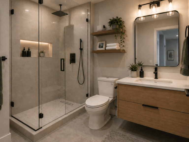 Standard bathroom renovation in Toronto with walk-in shower and modern vanity